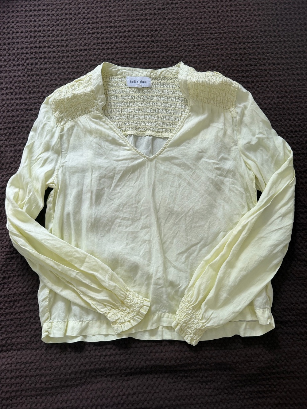 Bella Dahl Light Yellow Smocked V-Neck Long Sleeve Top